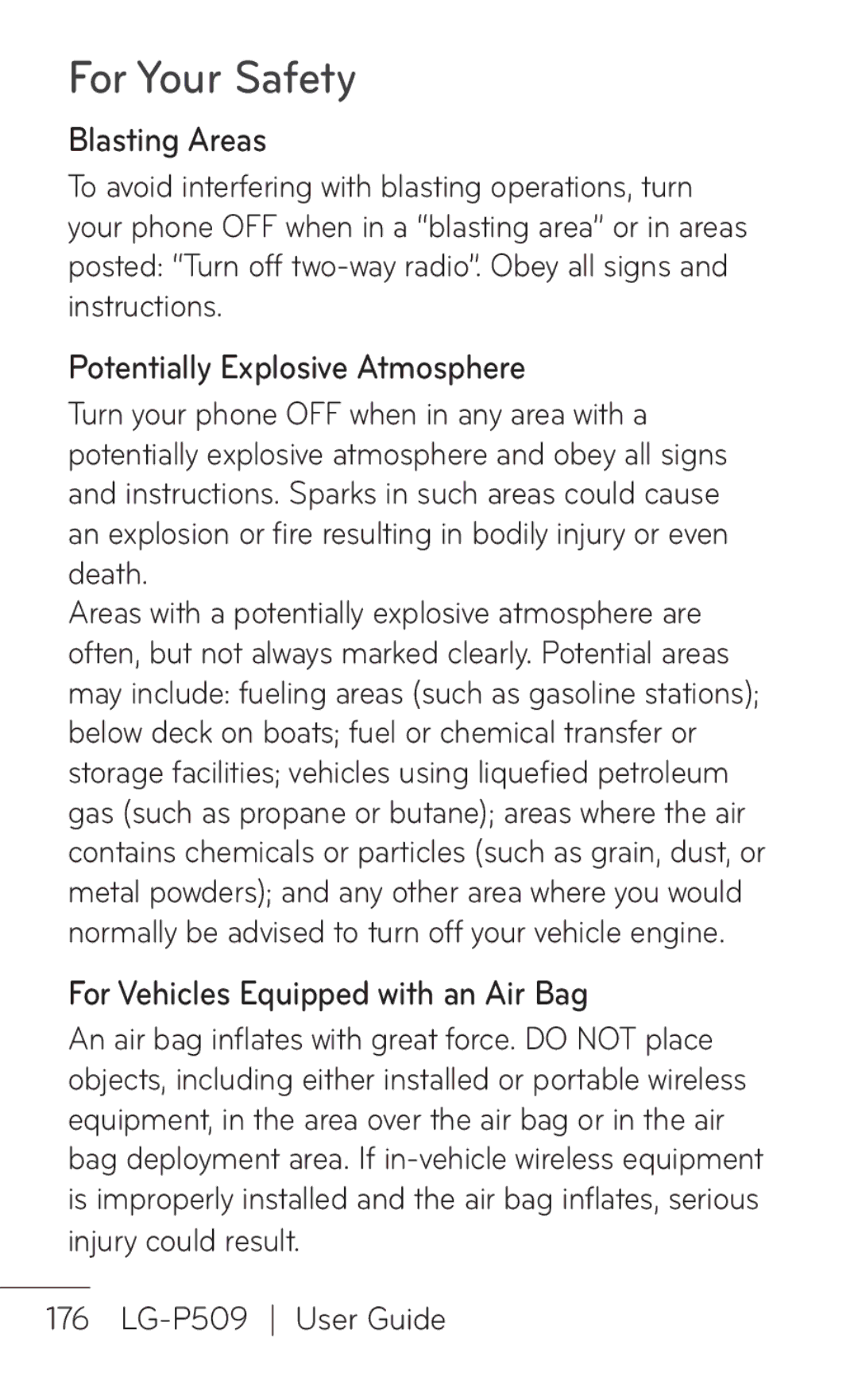 LG Electronics P509, MFL67008601 Blasting Areas, Potentially Explosive Atmosphere, For Vehicles Equipped with an Air Bag 