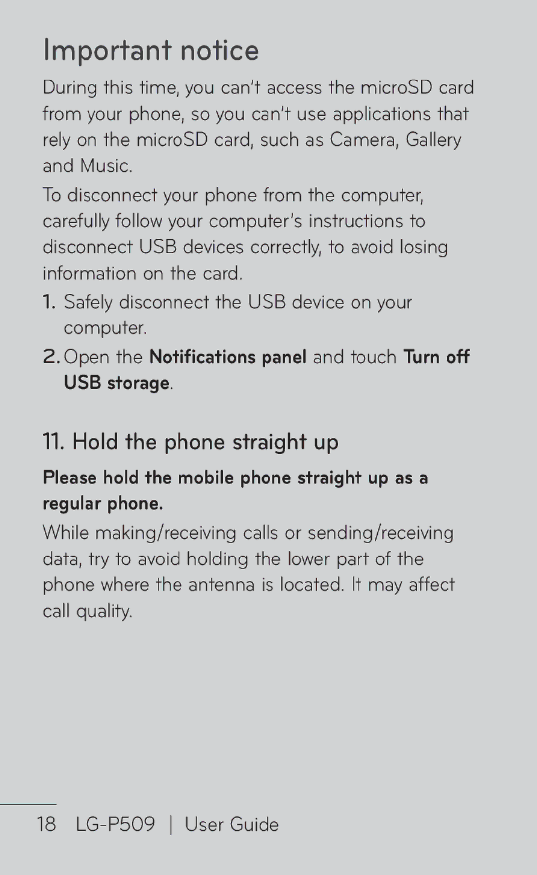 LG Electronics P509, MFL67008601 Hold the phone straight up, Open the Notifications panel and touch Turn off USB storage 