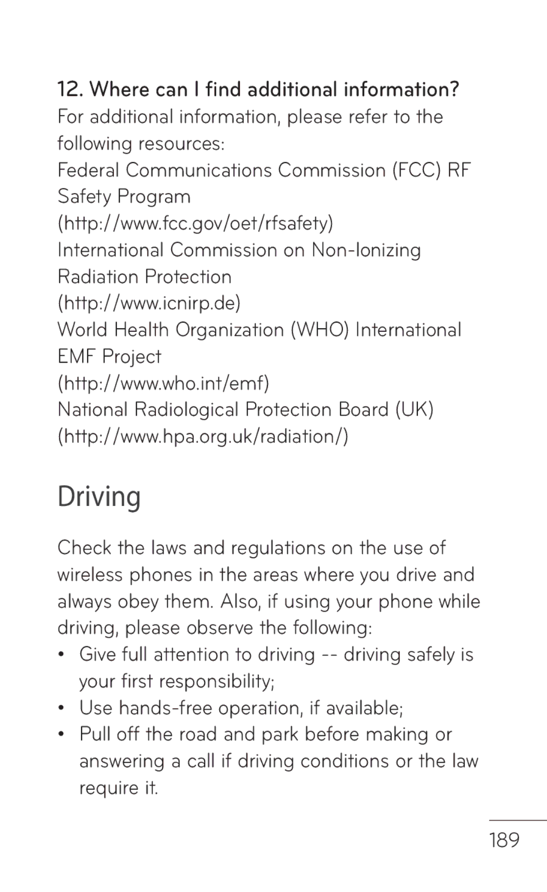 LG Electronics MFL67008601, P509 manual Driving, World Health Organization WHO International EMF Project 