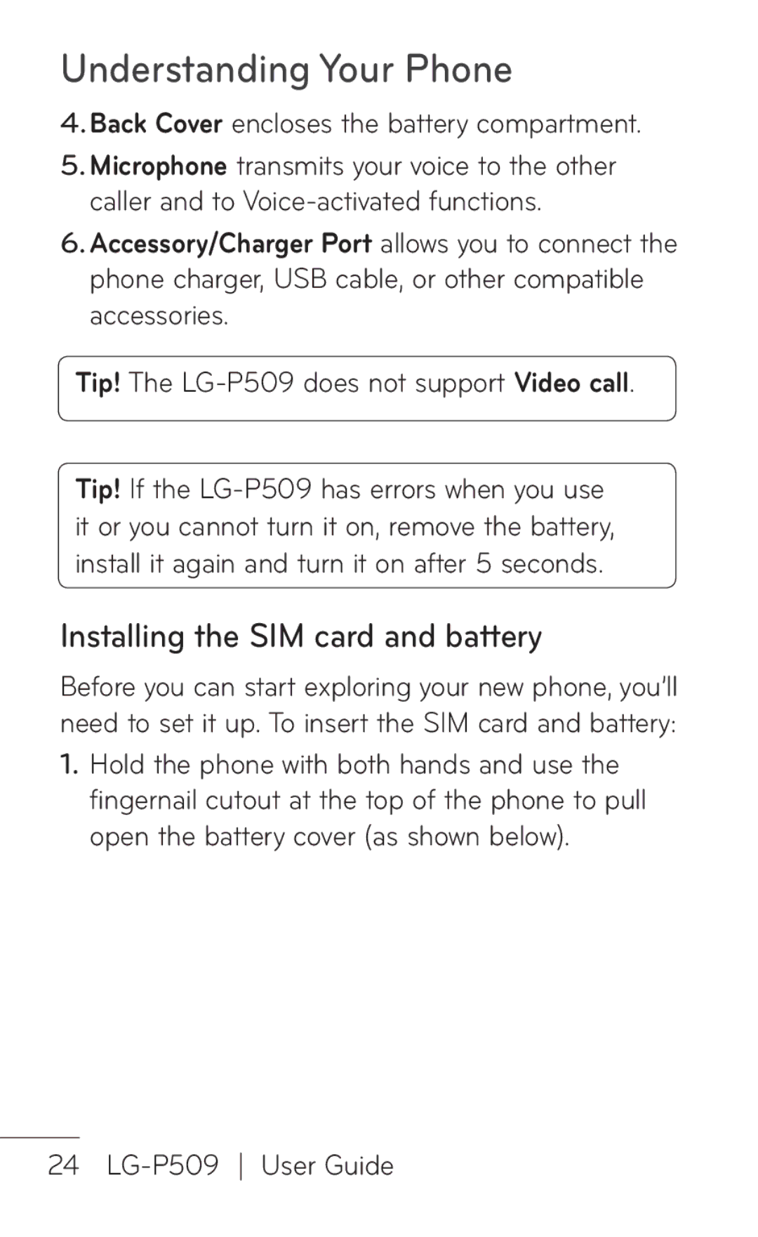 LG Electronics P509, MFL67008601 manual Installing the SIM card and battery, Back Cover encloses the battery compartment 