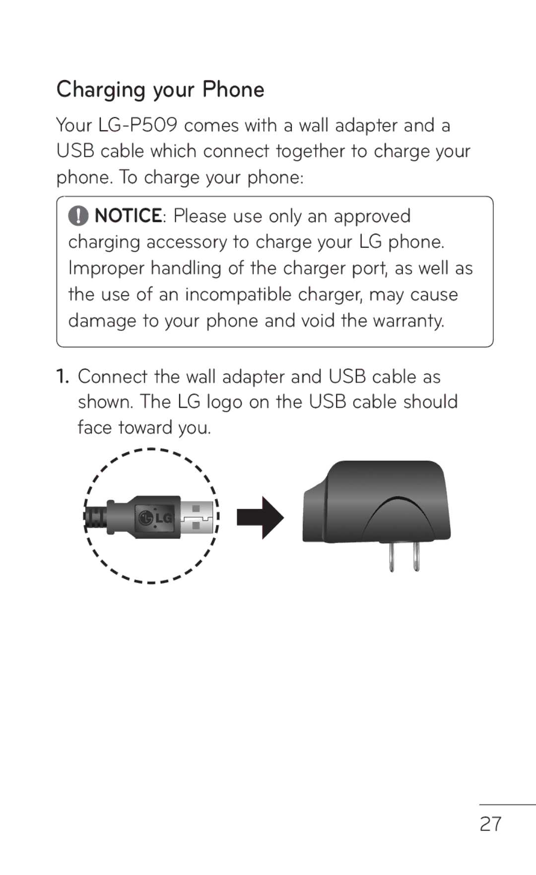 LG Electronics MFL67008601, P509 manual Charging your Phone 