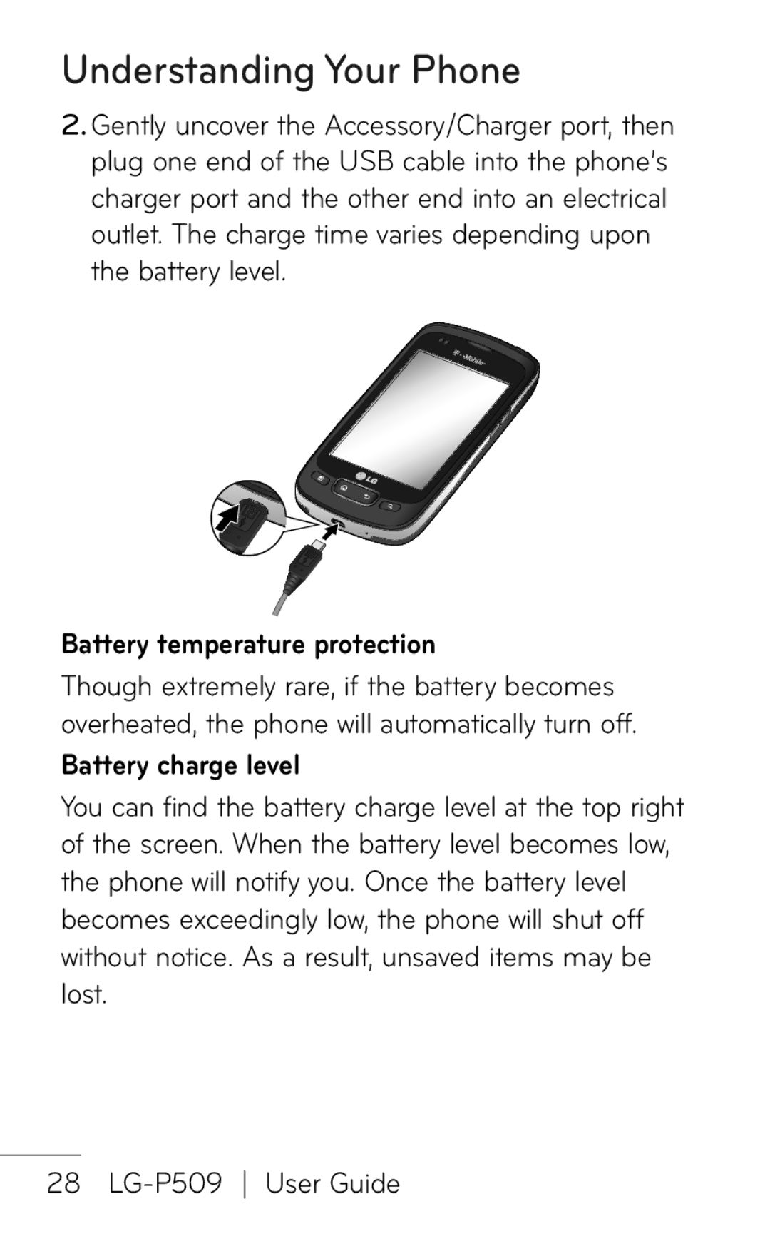 LG Electronics P509, MFL67008601 manual Battery temperature protection, Battery charge level 