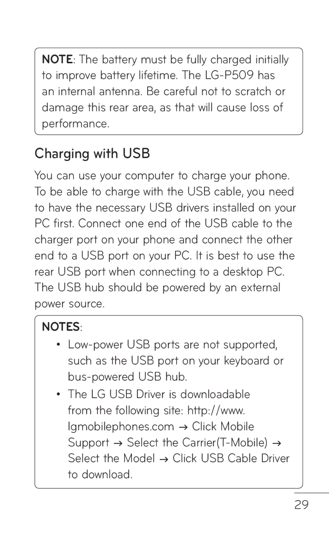 LG Electronics MFL67008601, P509 manual Charging with USB, USB hub should be powered by an external power source 