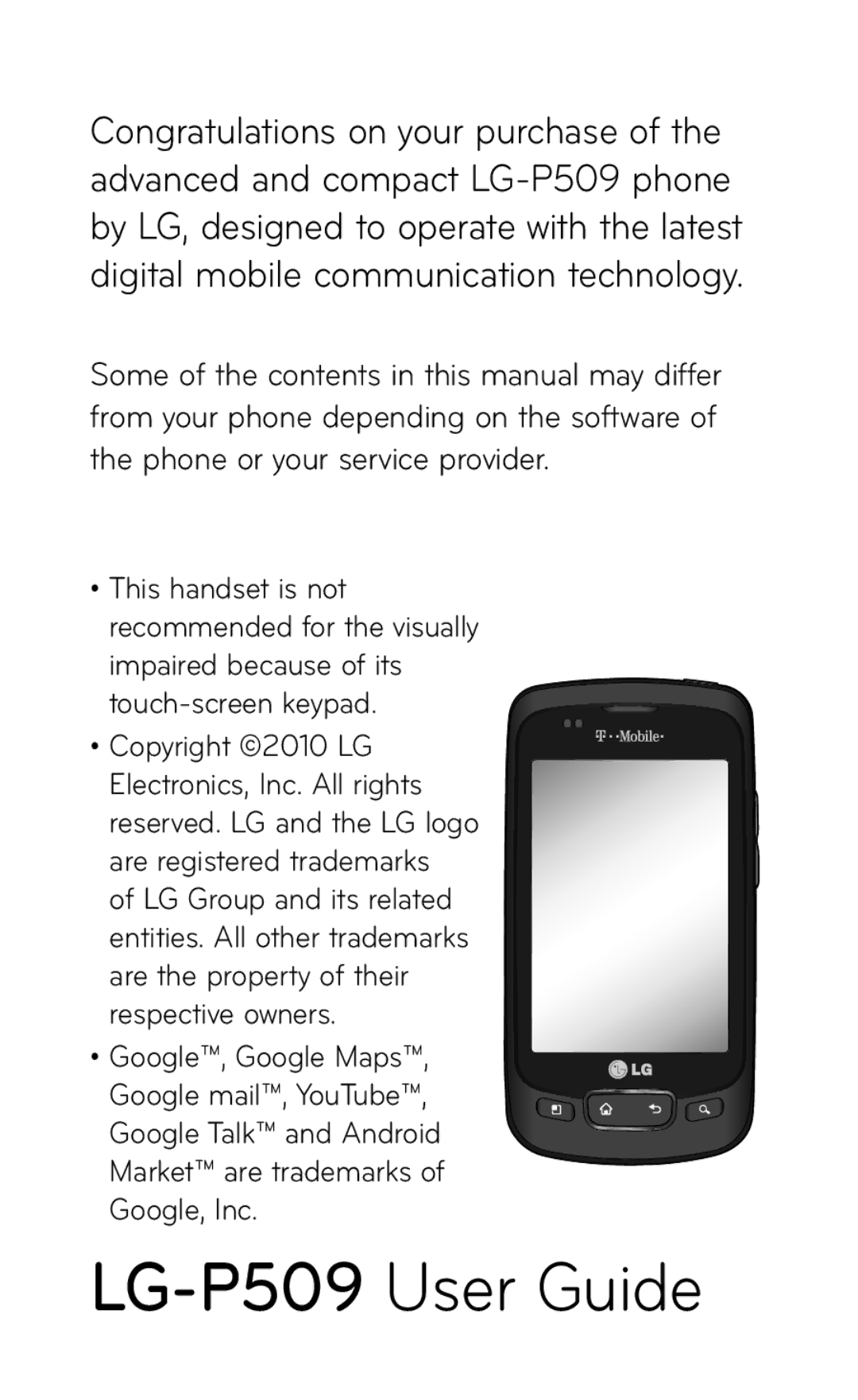 LG Electronics MFL67008601 manual LG-P509 User Guide 