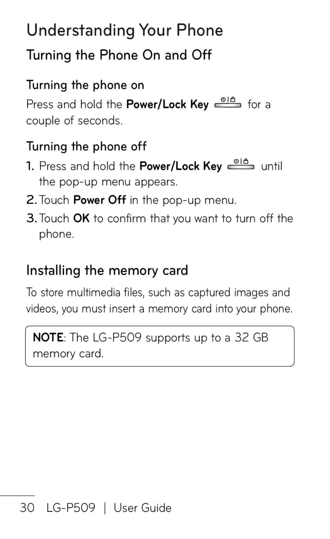 LG Electronics P509 Turning the Phone On and Off, Installing the memory card, Turning the phone on, Turning the phone off 