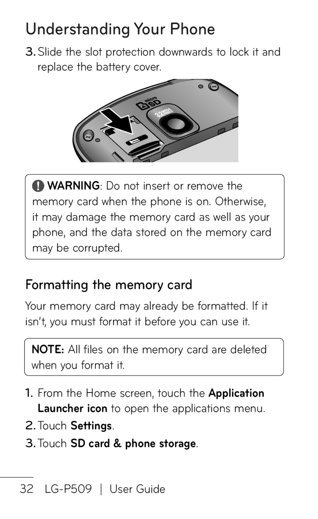 LG Electronics P509, MFL67008601 manual Formatting the memory card, Touch Settings Touch SD card & phone storage 