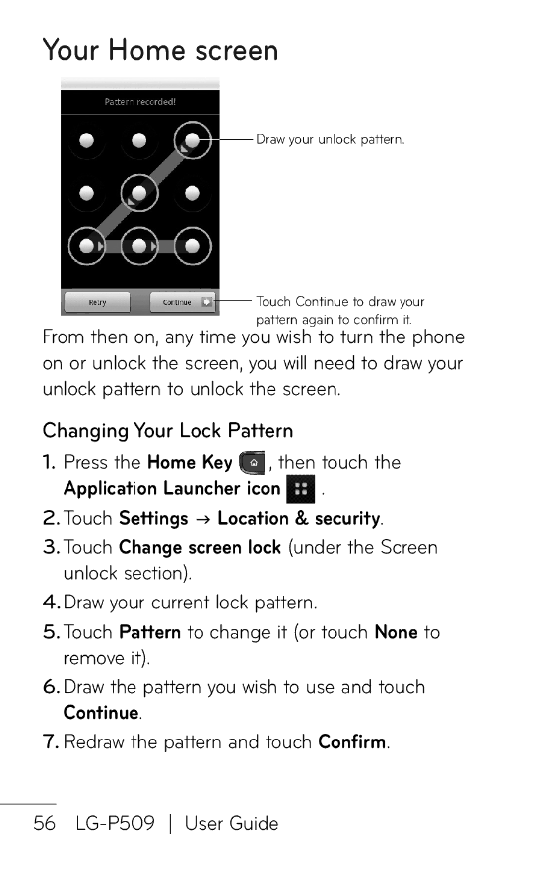 LG Electronics P509, MFL67008601 manual Changing Your Lock Pattern 