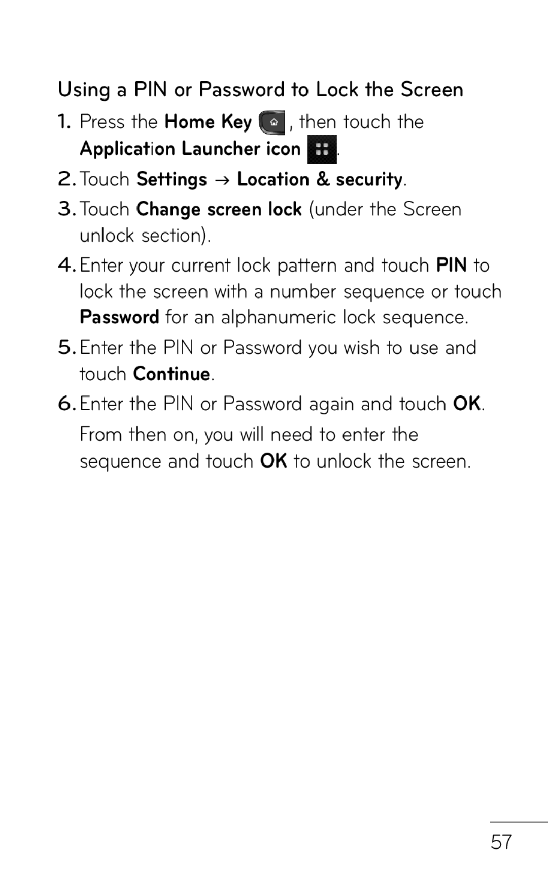 LG Electronics MFL67008601, P509 manual Using a PIN or Password to Lock the Screen 