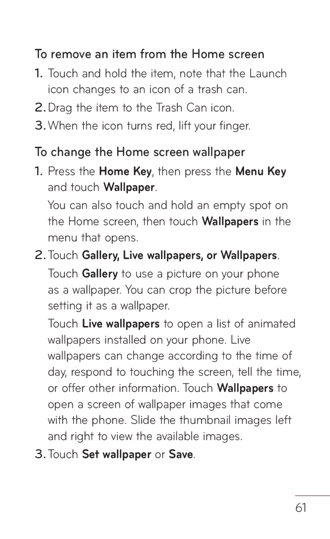 LG Electronics MFL67008601, P509 manual To remove an item from the Home screen, To change the Home screen wallpaper 