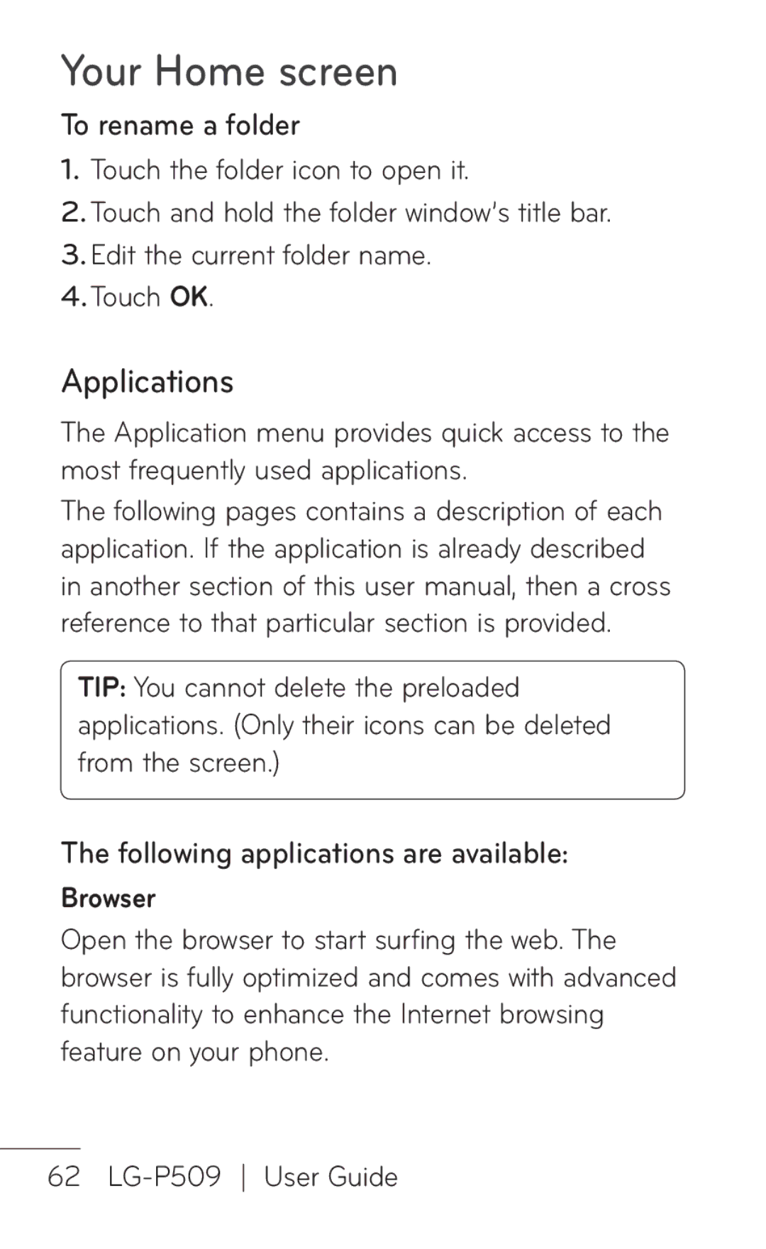 LG Electronics P509, MFL67008601 manual Applications, To rename a folder, Following applications are available, Browser 