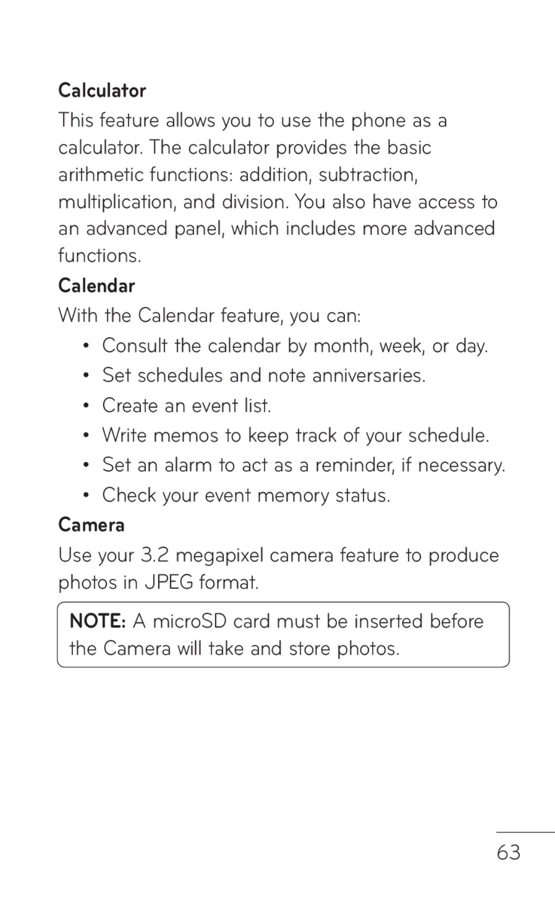 LG Electronics MFL67008601, P509 manual Calculator, Calendar, Camera 