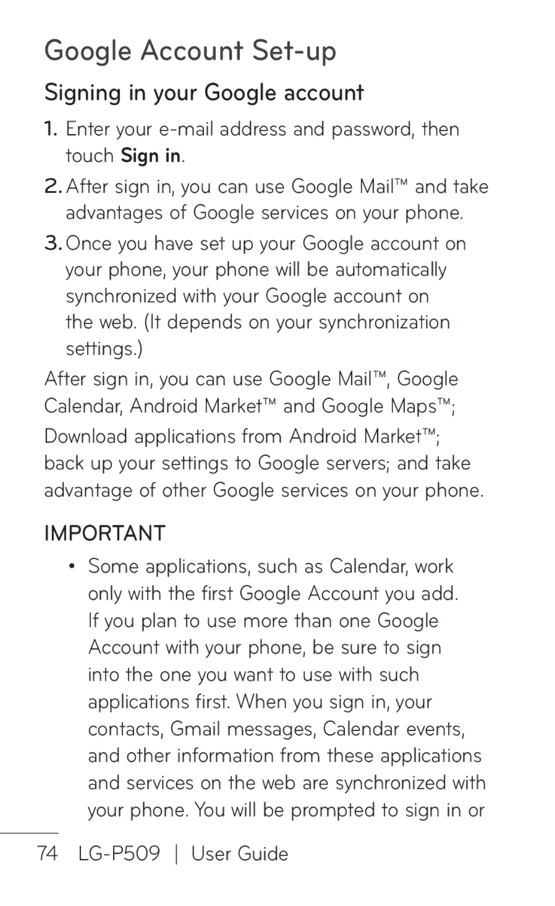 LG Electronics P509, MFL67008601 manual Google Account Set-up, Signing in your Google account 