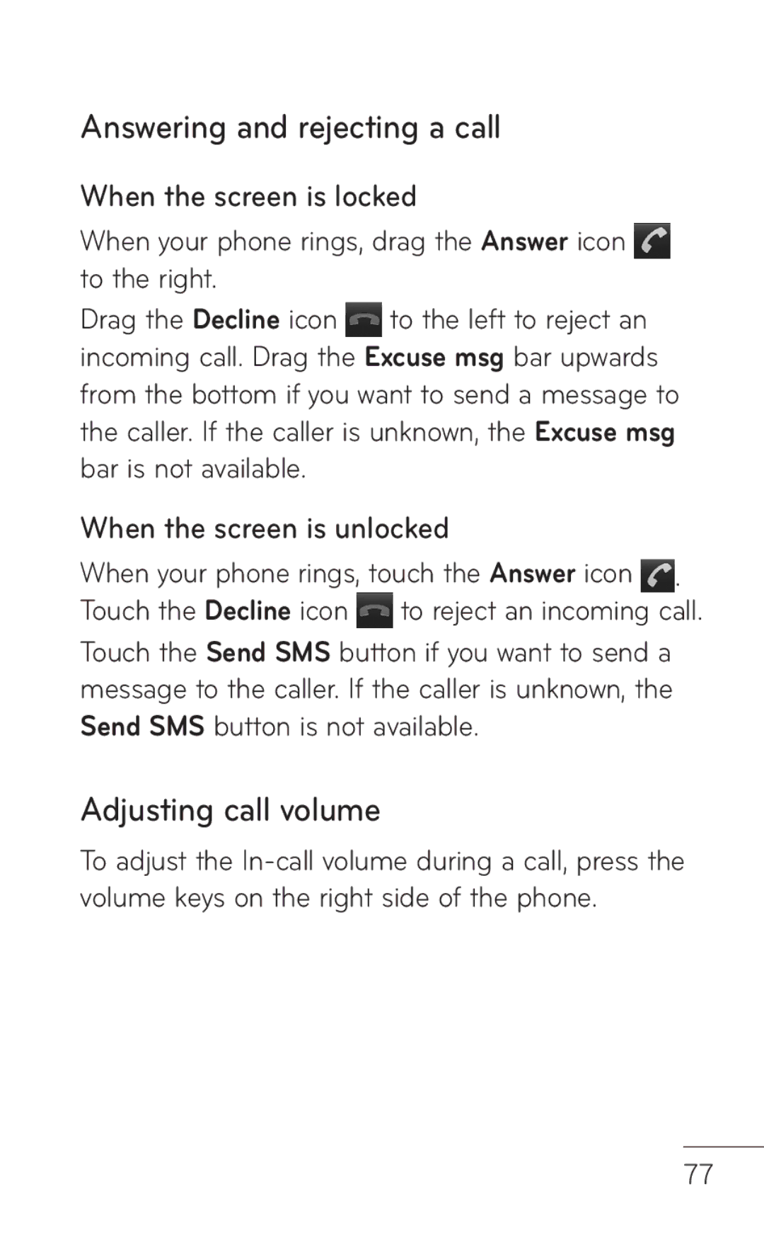 LG Electronics MFL67008601, P509 manual Answering and rejecting a call, Adjusting call volume, When the screen is locked 