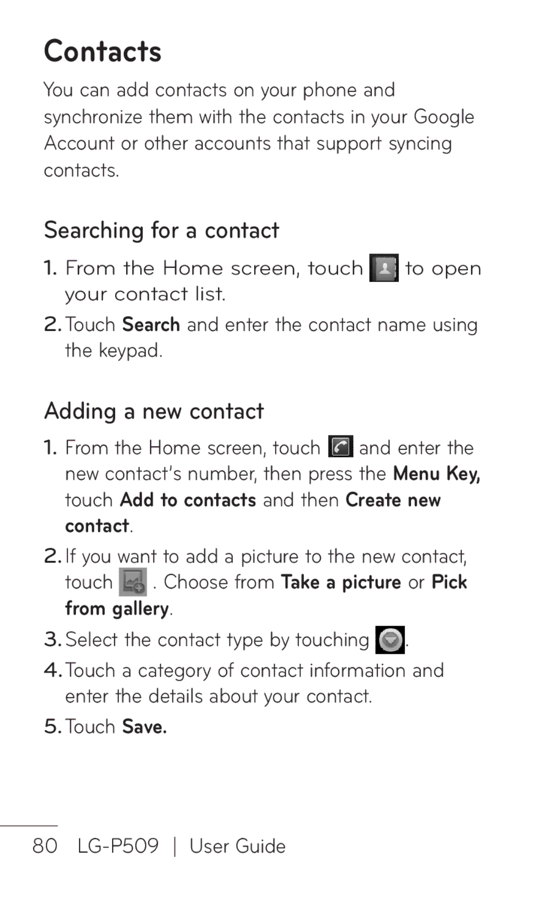 LG Electronics P509, MFL67008601 manual Contacts, Searching for a contact, Adding a new contact, From gallery 