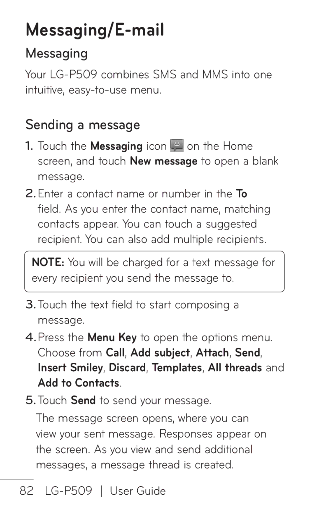 LG Electronics P509, MFL67008601 Messaging/E-mail, Sending a message, Touch the text field to start composing a message 