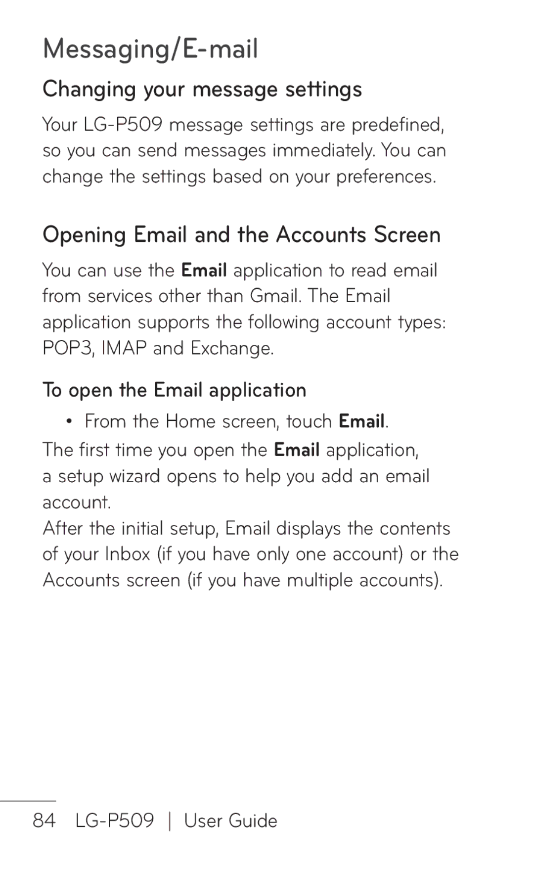 LG Electronics P509, MFL67008601 Messaging/E-mail, Changing your message settings, Opening Email and the Accounts Screen 