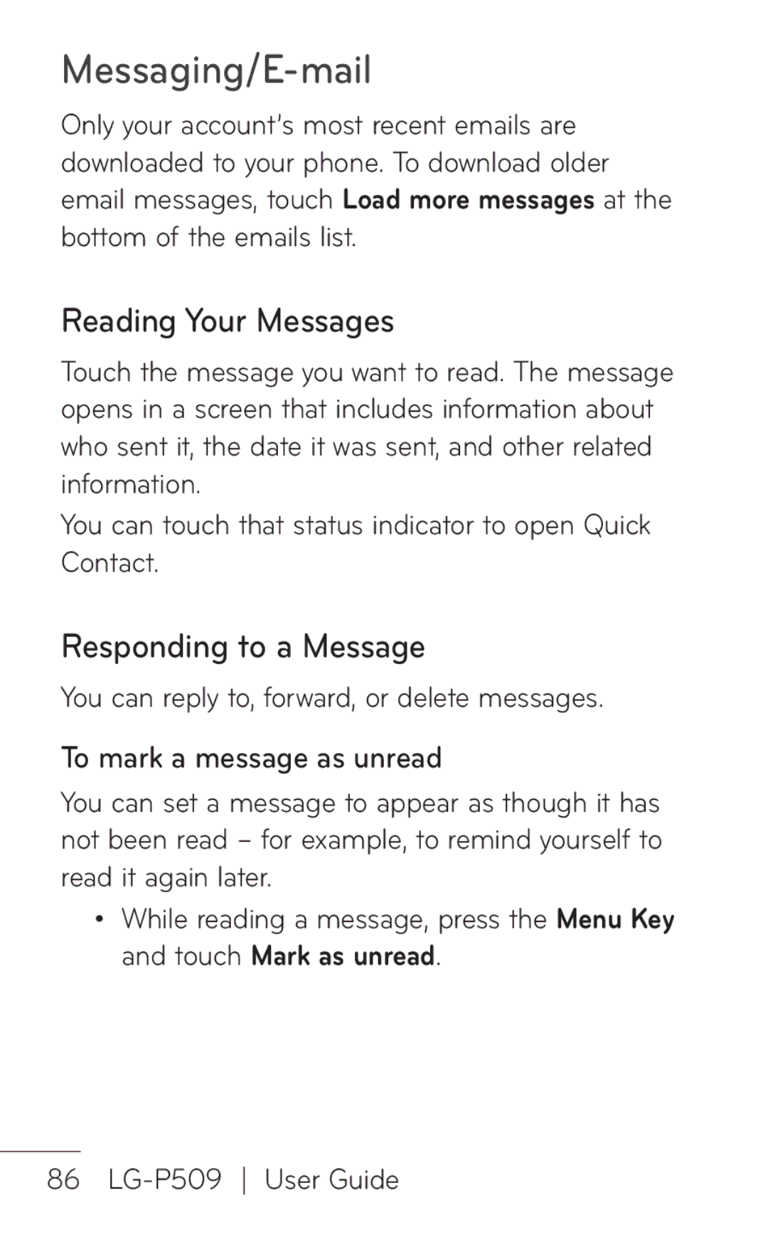 LG Electronics P509, MFL67008601 manual Reading Your Messages, Responding to a Message, To mark a message as unread 