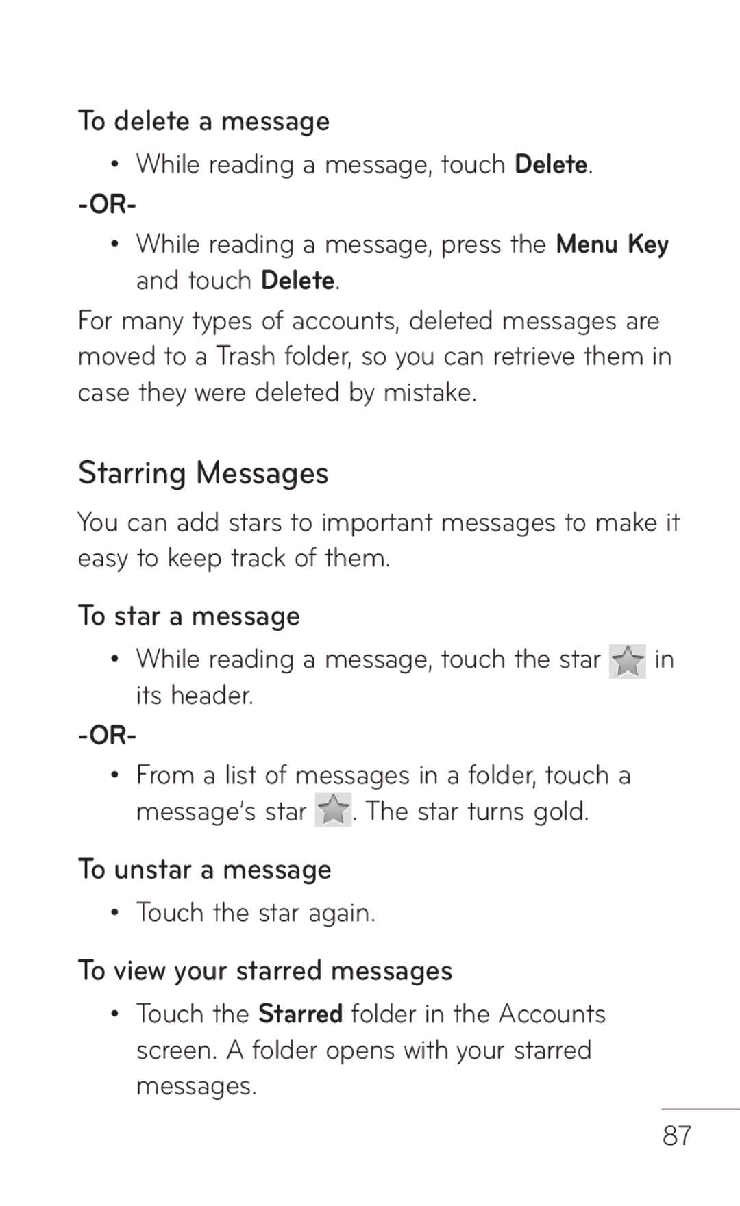 LG Electronics MFL67008601, P509 manual Starring Messages, To delete a message, To star a message, To unstar a message 