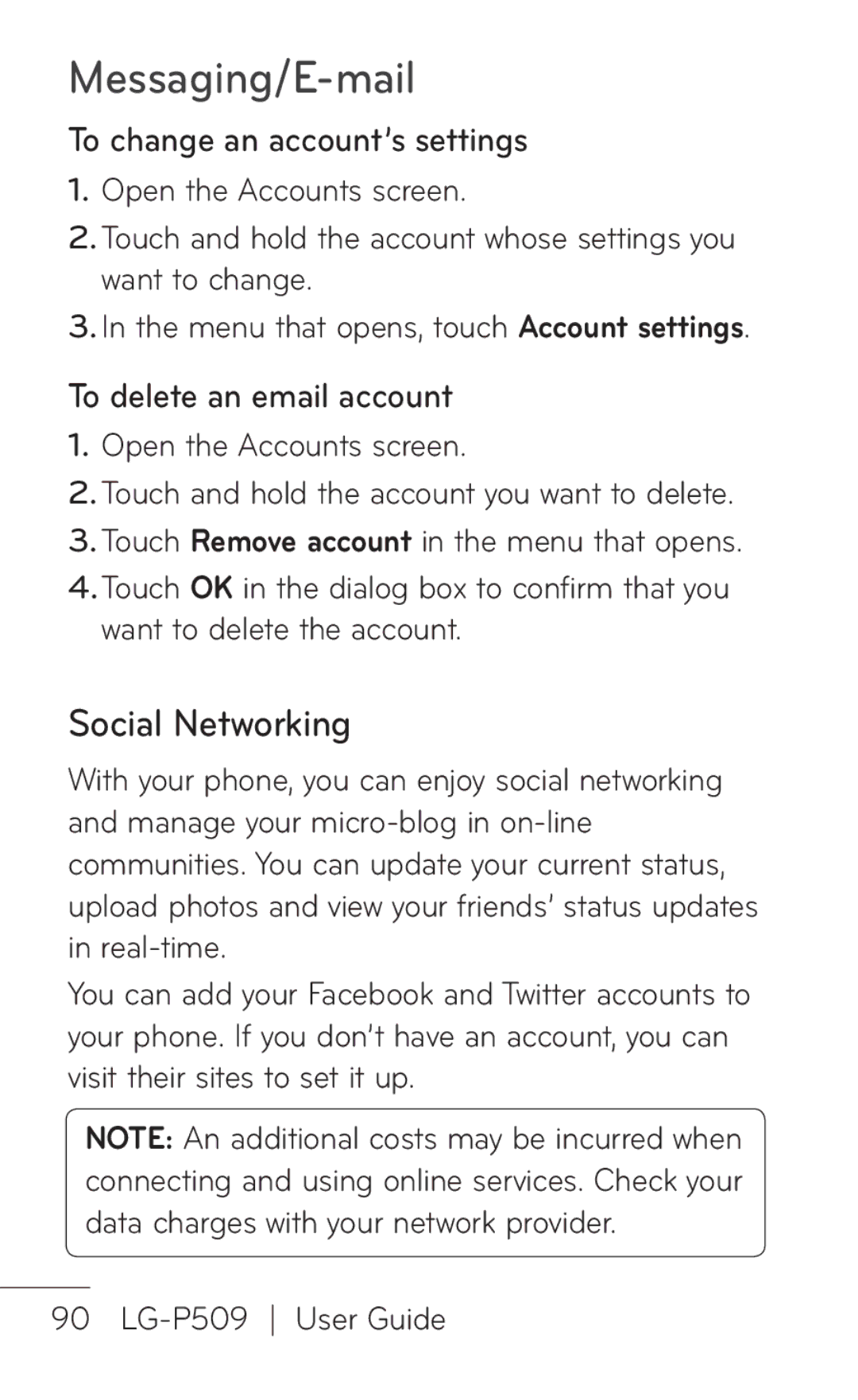 LG Electronics P509, MFL67008601 manual Social Networking, To change an account’s settings, To delete an email account 