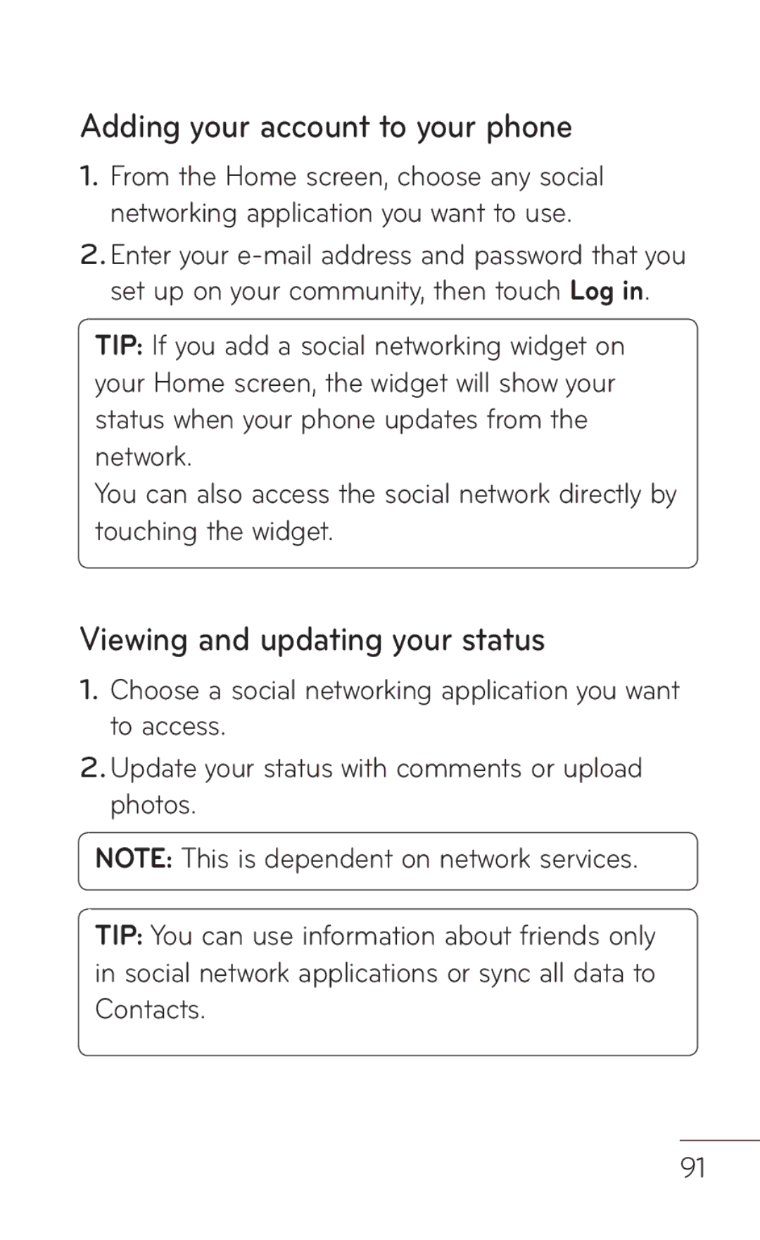 LG Electronics MFL67008601, P509 manual Adding your account to your phone, Viewing and updating your status 