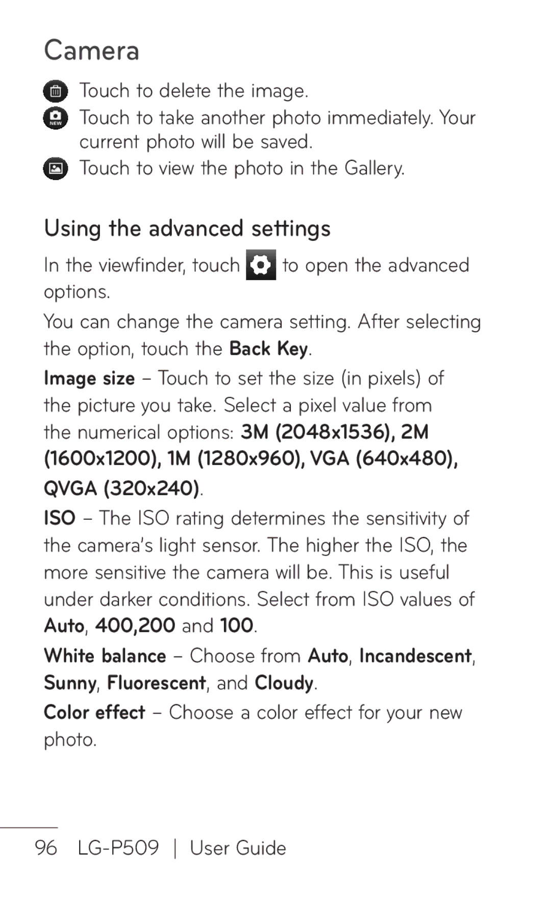 LG Electronics P509, MFL67008601 manual Using the advanced settings, Viewfinder, touch, Qvga 