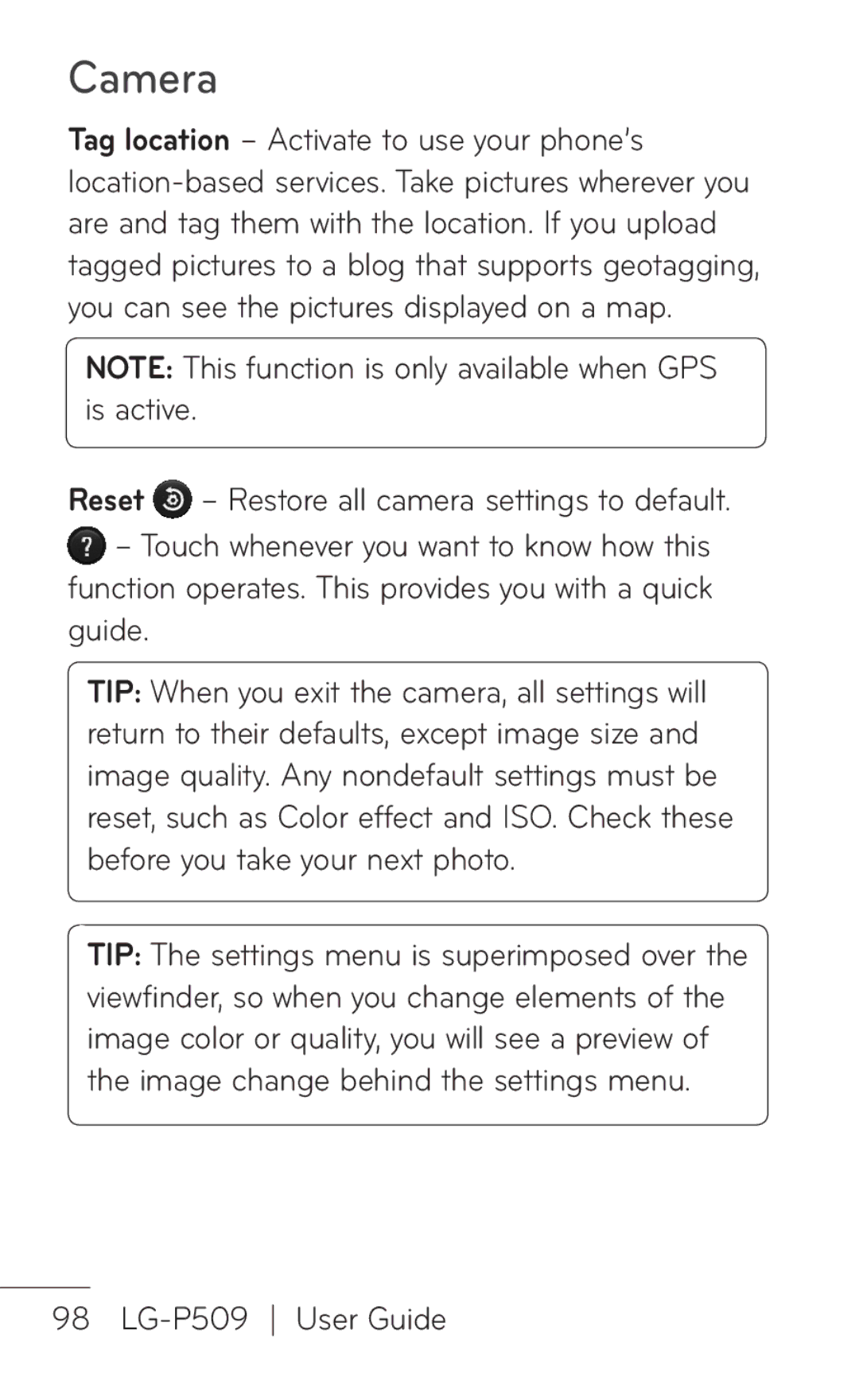 LG Electronics P509, MFL67008601 manual Camera 