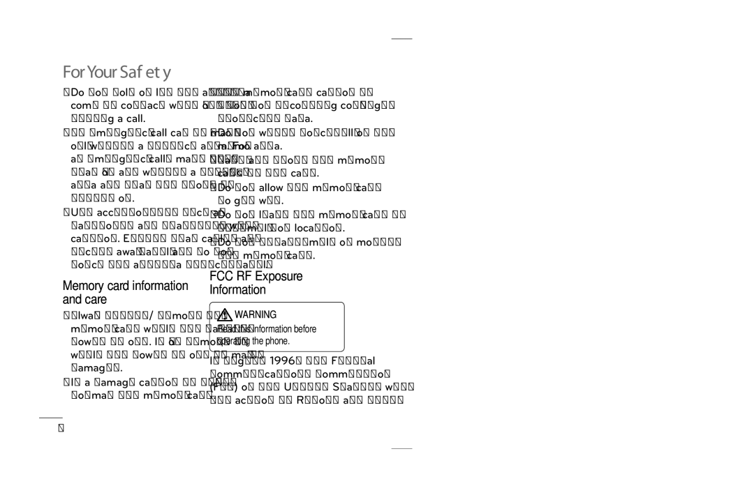 LG Electronics P690B manual Memory card information and care, FCC RF Exposure Information 