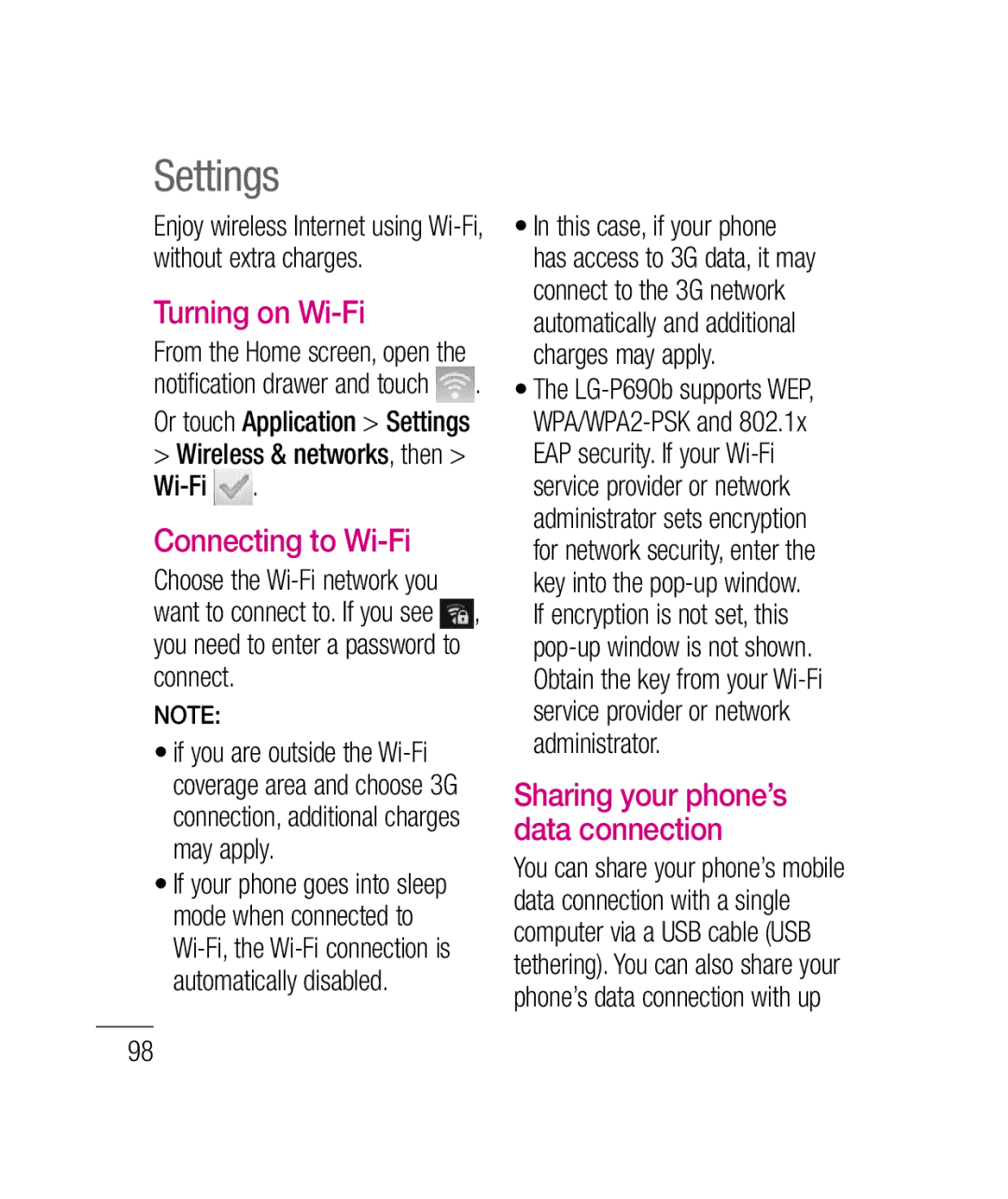 LG Electronics P690B manual Turning on Wi-Fi, Connecting to Wi-Fi, Sharing your phone’s data connection 