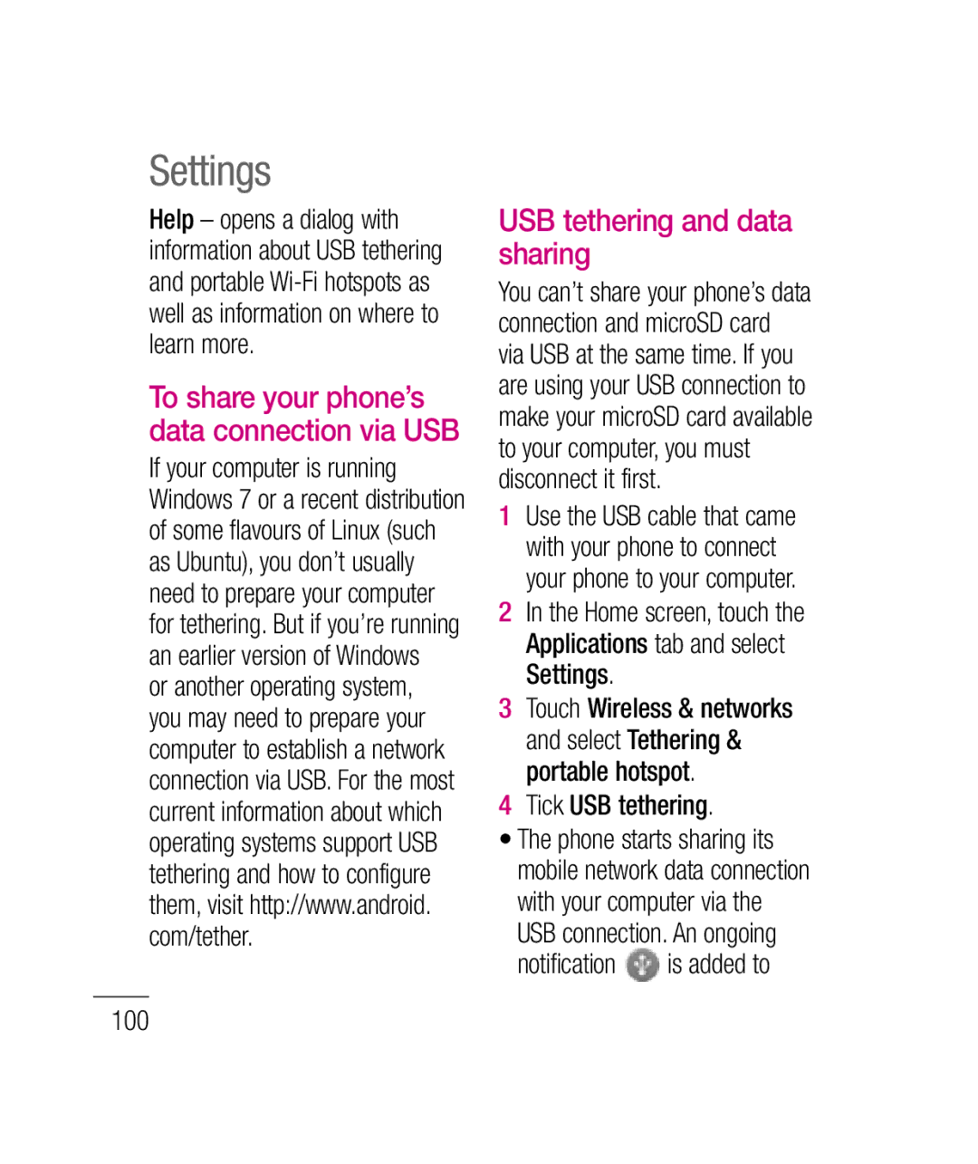 LG Electronics P690B USB tethering and data sharing, To share your phone’s data connection via USB, Tick USB tethering 