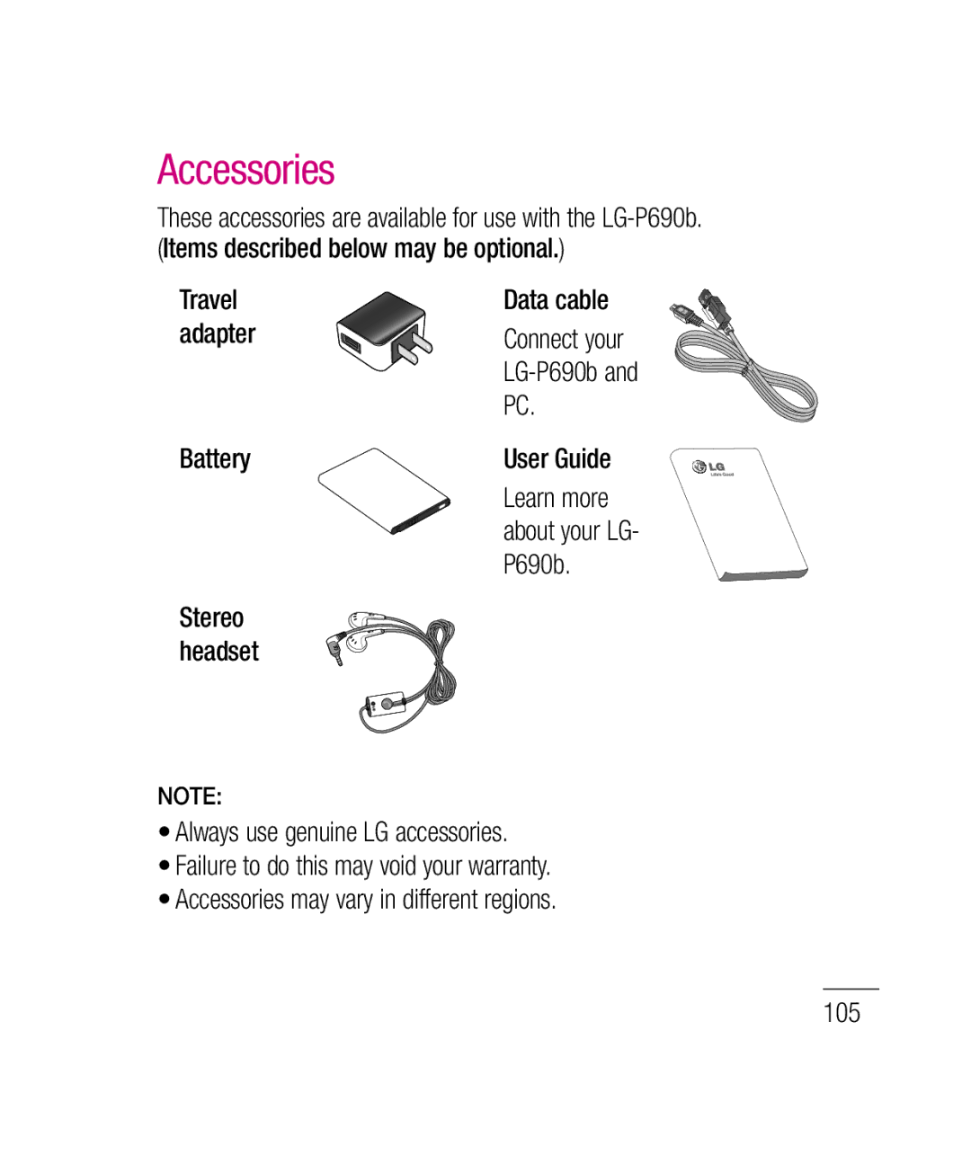 LG Electronics P690B manual Accessories, Travel Data cable Adapter, Battery User Guide Learn more, P690b 