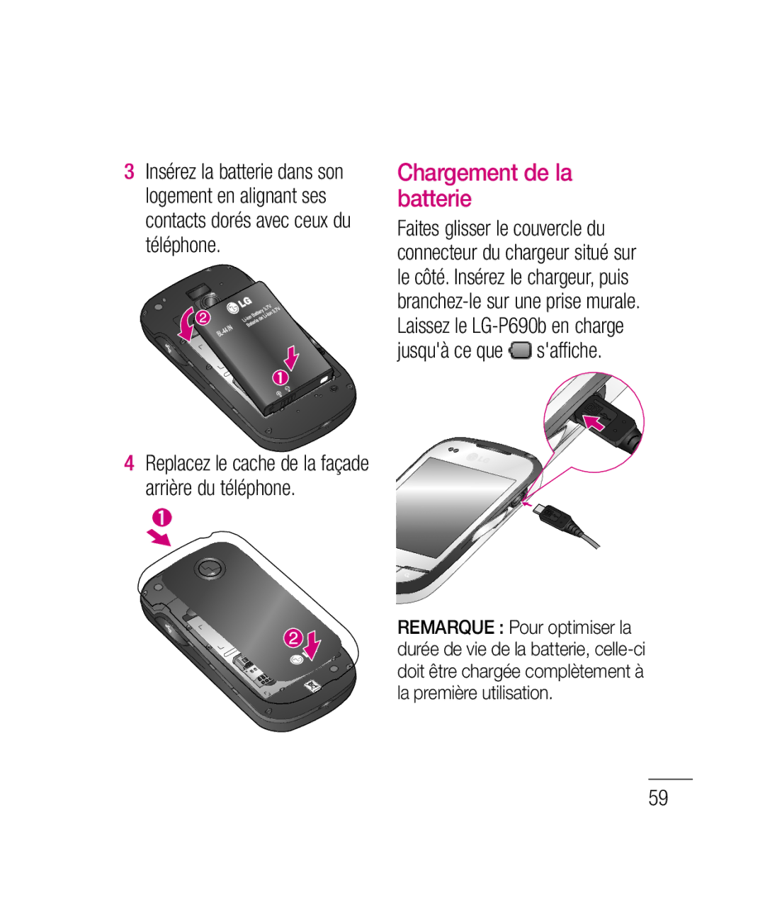 LG Electronics P690B manual Chargement de la batterie 