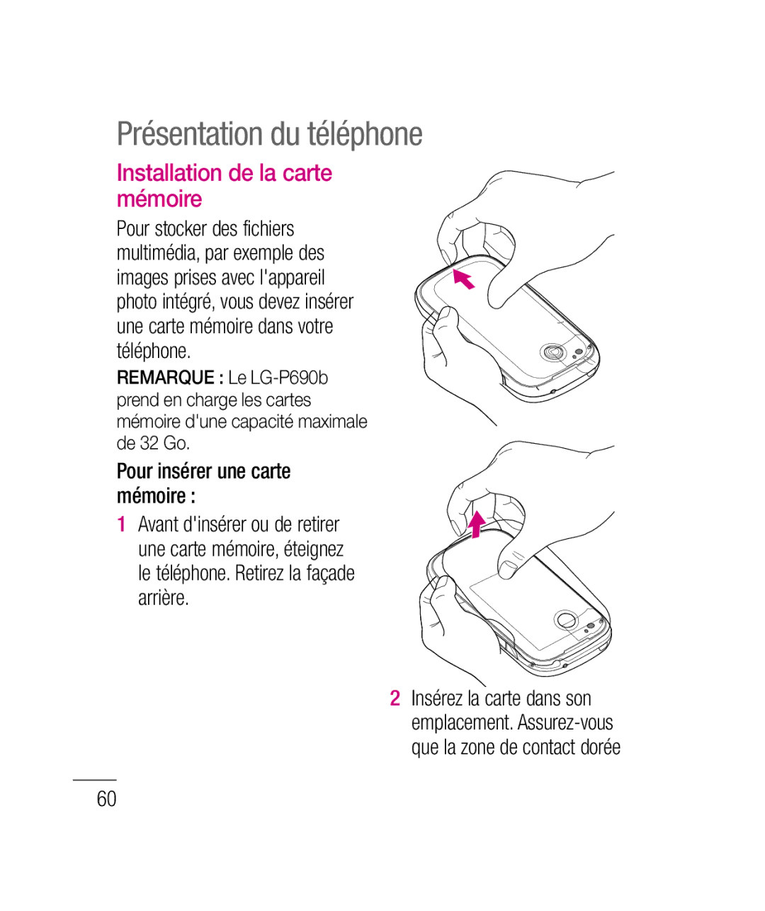 LG Electronics P690B manual Installation de la carte mémoire, Pour insérer une carte mémoire 