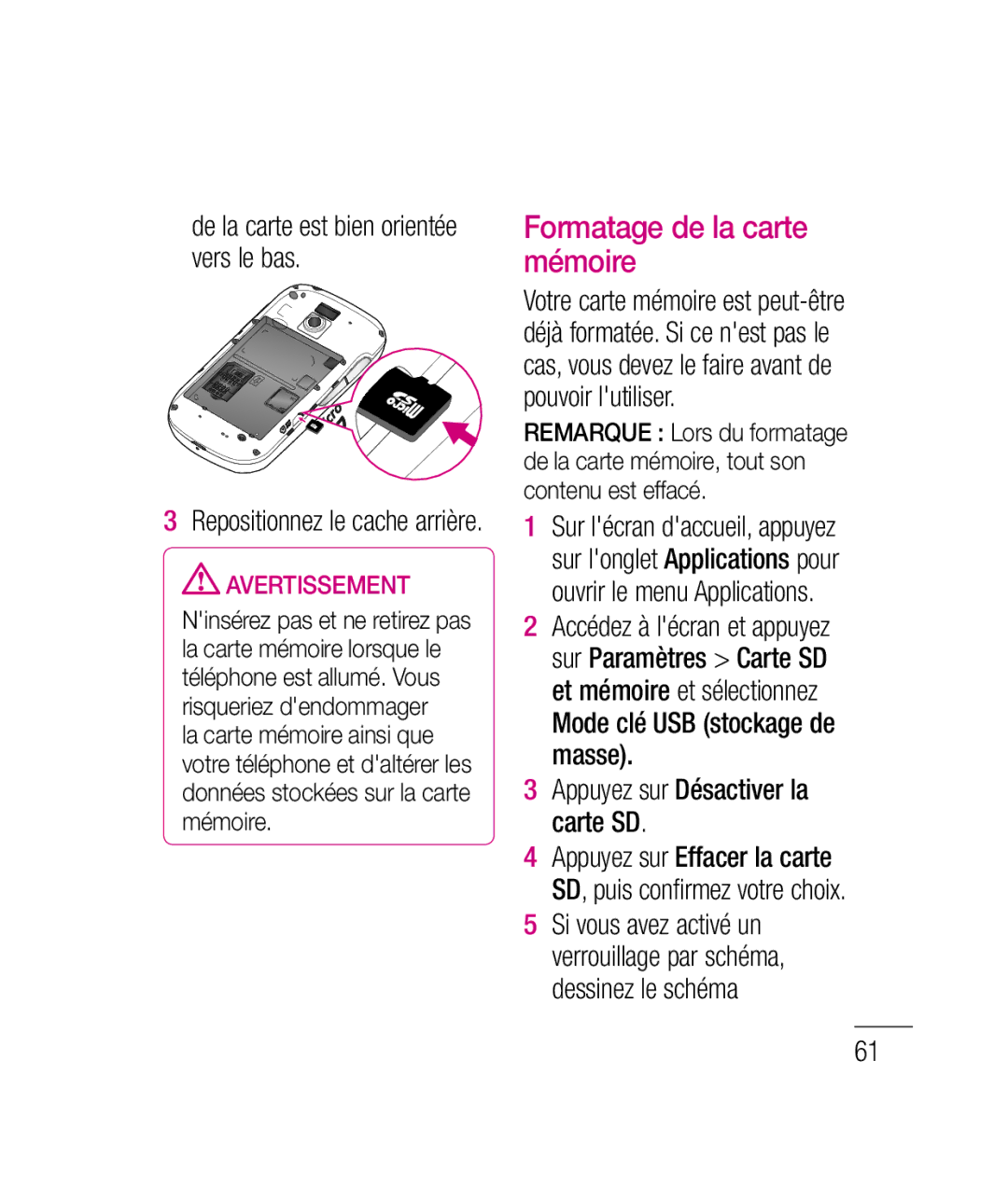 LG Electronics P690B manual Formatage de la carte mémoire, De la carte est bien orientée vers le bas 