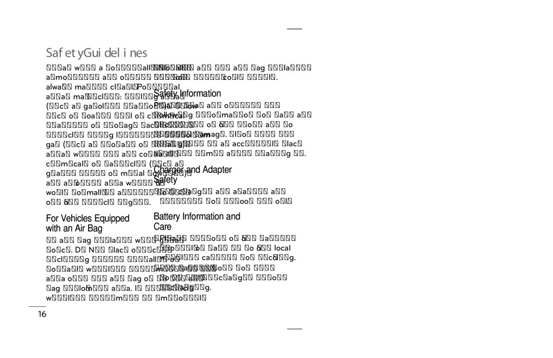 LG Electronics P690B manual Charger and Adapter Safety, Battery Information and Care, For Vehicles Equipped with an Air Bag 