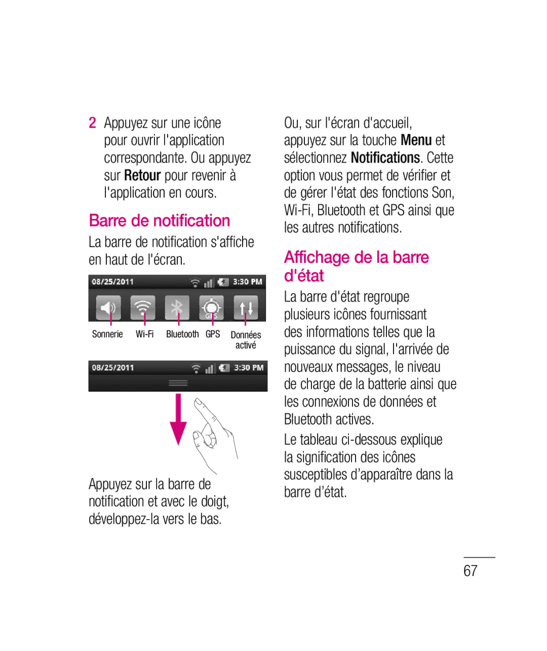 LG Electronics P690B manual Barre de notification, Affichage de la barre détat 