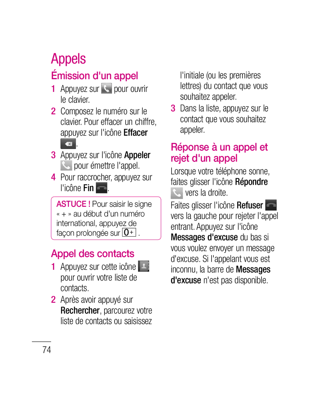 LG Electronics P690B manual Appels, Émission dun appel, Appel des contacts, Réponse à un appel et rejet dun appel 