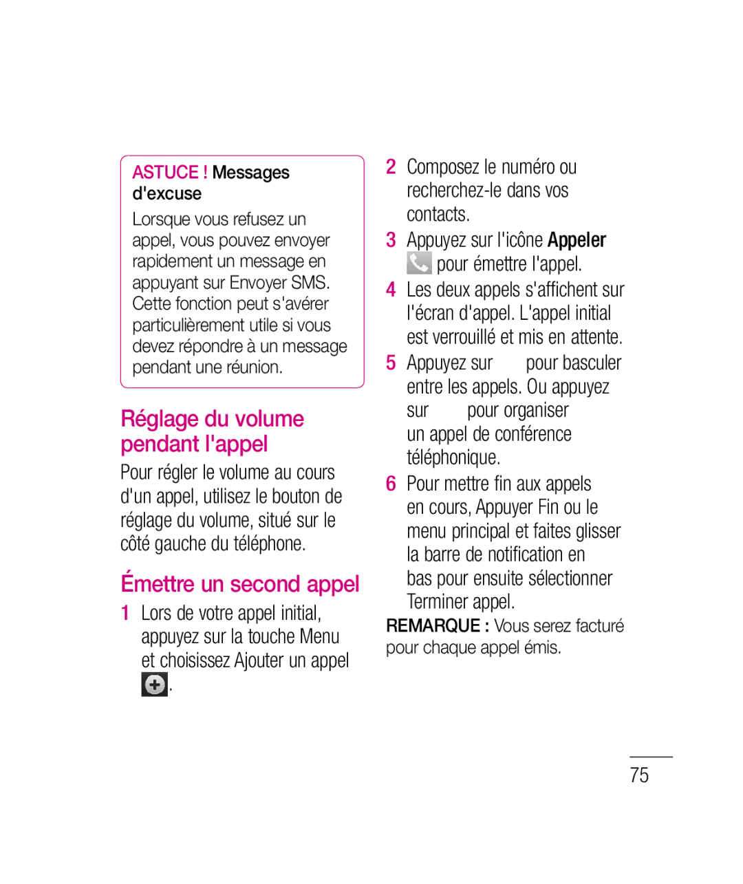 LG Electronics P690B manual Réglage du volume pendant lappel, Et choisissez Ajouter un appel, Terminer appel 