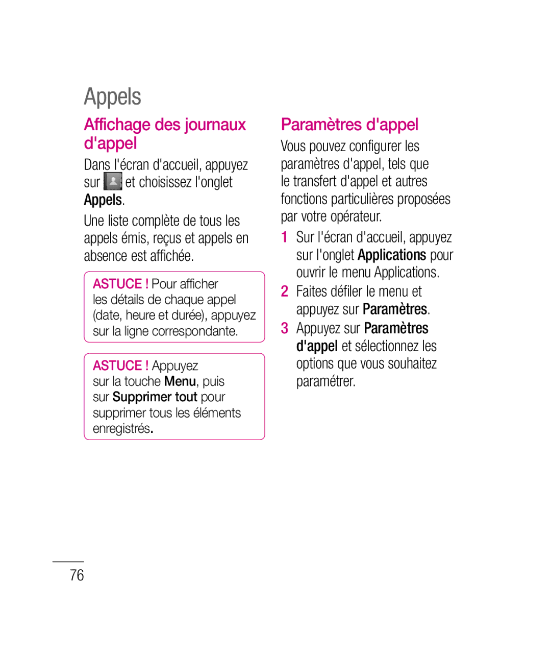 LG Electronics P690B manual Appels, Affichage des journaux dappel, Paramètres dappel 