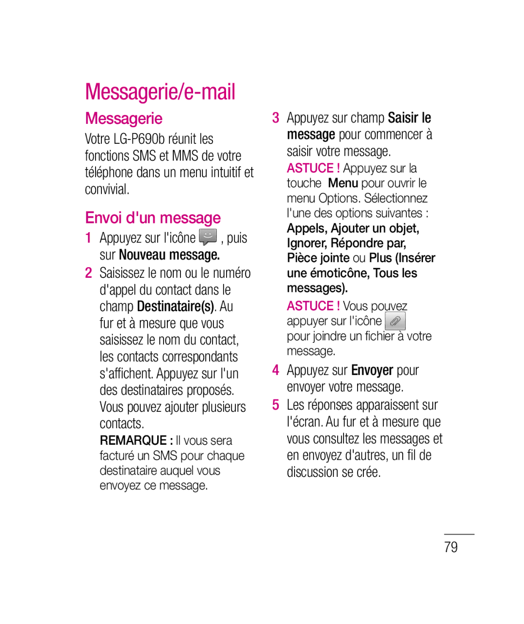 LG Electronics P690B manual Messagerie/e-mail, Envoi dun message 