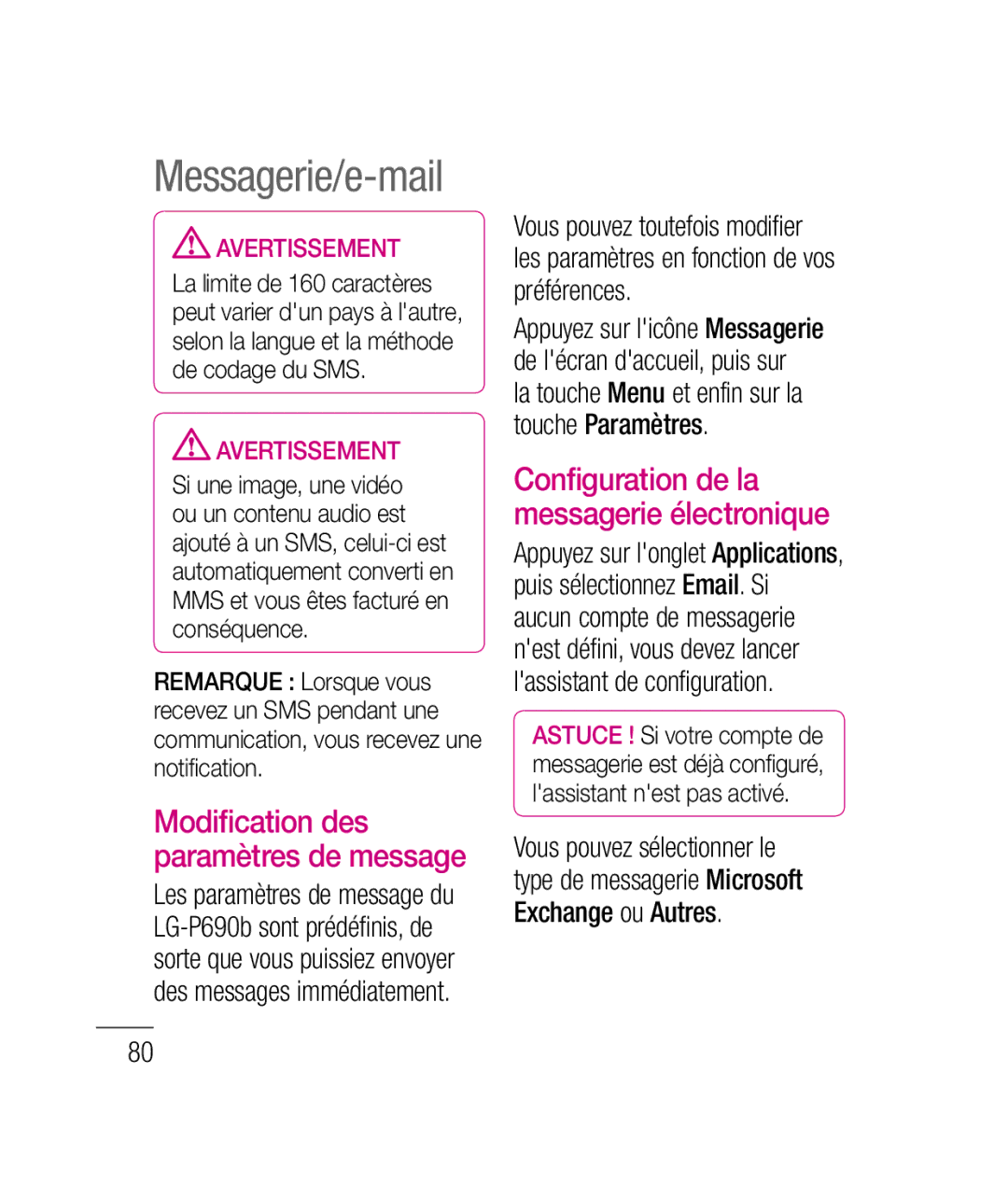 LG Electronics P690B manual Messagerie/e-mail, Modification des paramètres de message 