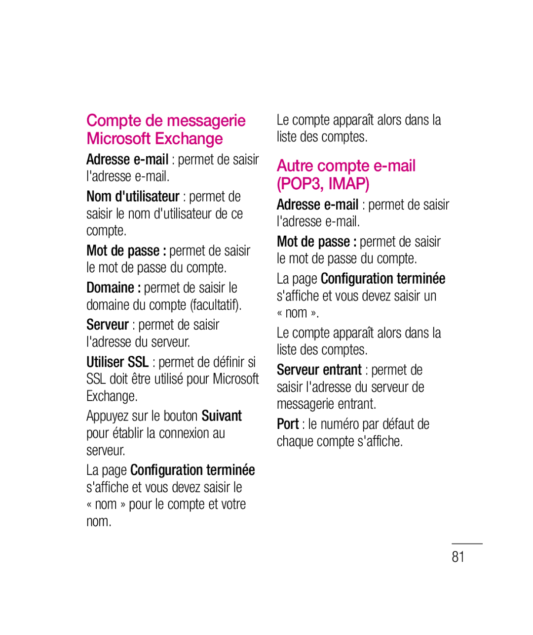 LG Electronics P690B manual Compte de messagerie Microsoft Exchange, Adresse e-mail permet de saisir ladresse e-mail 