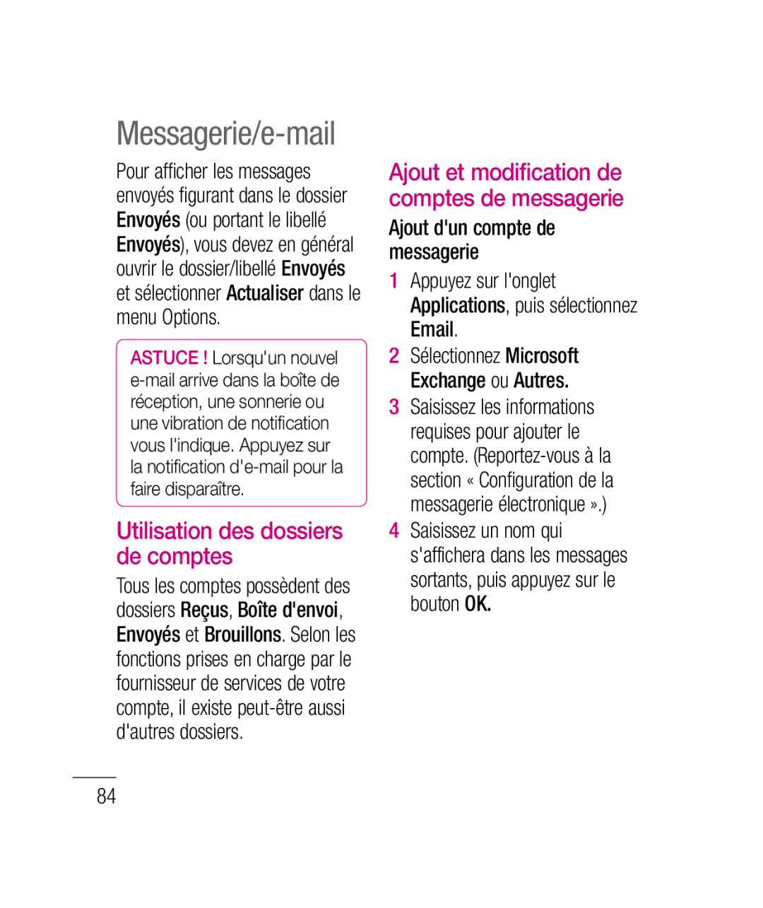 LG Electronics P690B manual Utilisation des dossiers de comptes, Ajout et modification de comptes de messagerie 