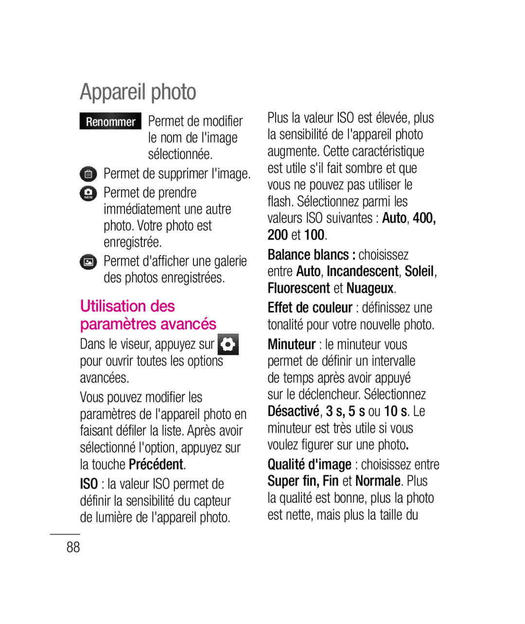 LG Electronics P690B manual Appareil photo, Utilisation des paramètres avancés 