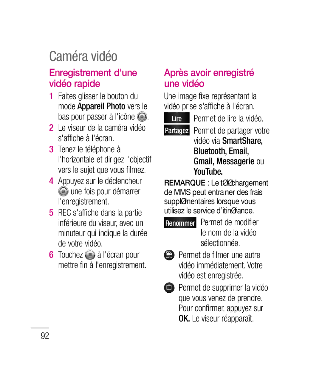 LG Electronics P690B manual Caméra vidéo, Enregistrement dune vidéo rapide, Après avoir enregistré une vidéo 