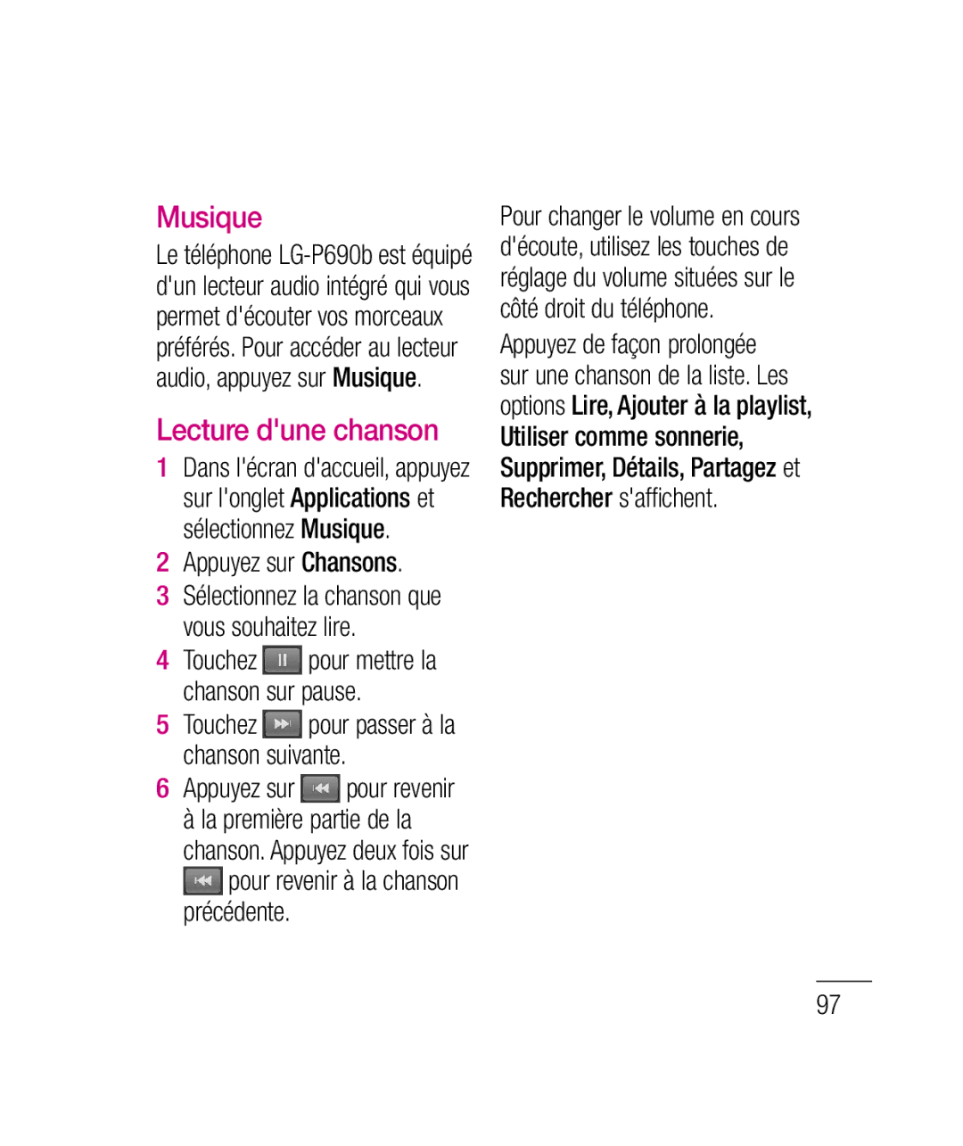 LG Electronics P690B manual Musique, Lecture dune chanson, Appuyez sur Chansons 