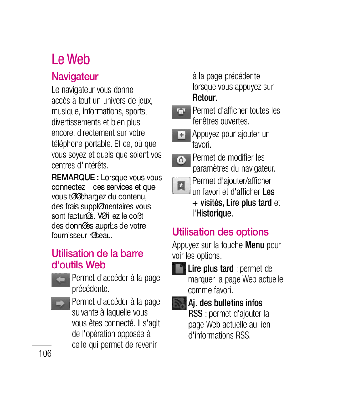 LG Electronics P690B manual Le Web, Navigateur, Utilisation de la barre doutils Web, Utilisation des options 