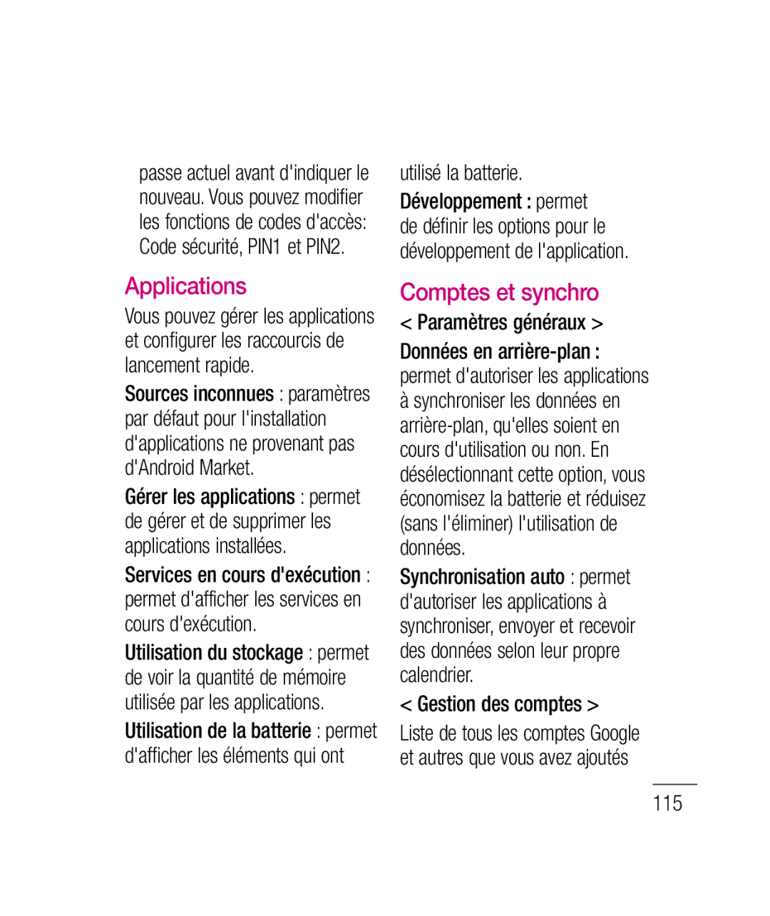 LG Electronics P690B manual Comptes et synchro, Utilisé la batterie, Paramètres généraux, Gestion des comptes, 115 