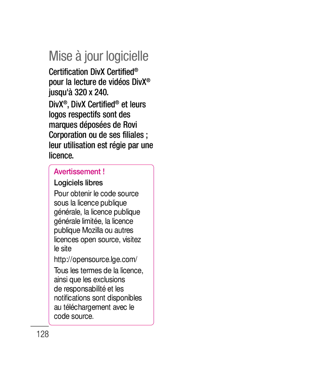 LG Electronics P690B manual Mise à jour logicielle, 128, Logiciels libres, De responsabilité et les 