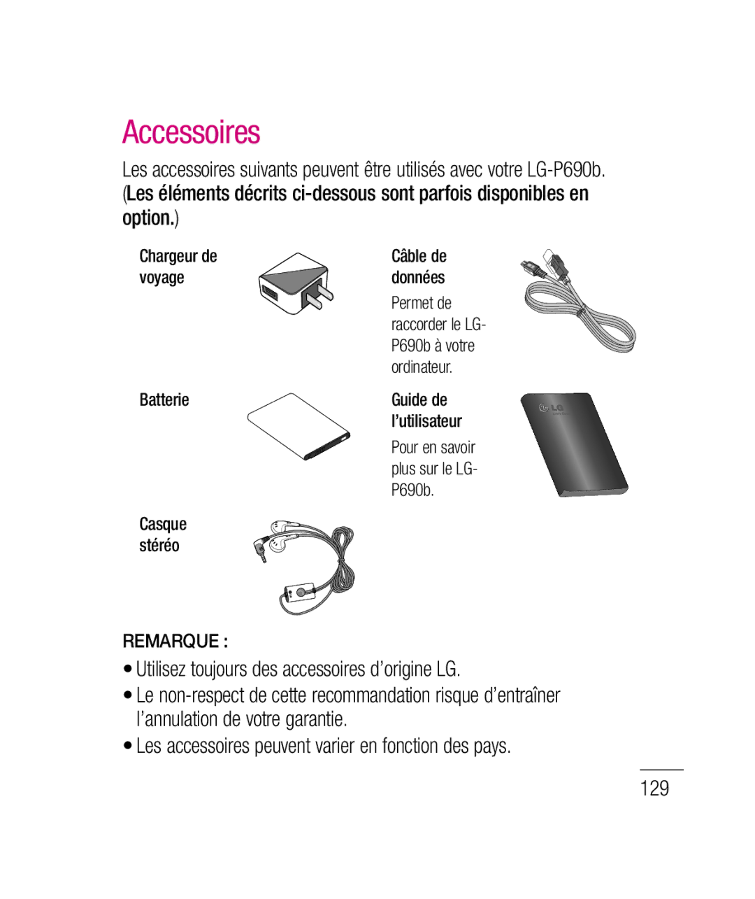 LG Electronics P690B manual Accessoires, Chargeur de, Voyage, Batterie Guide de 