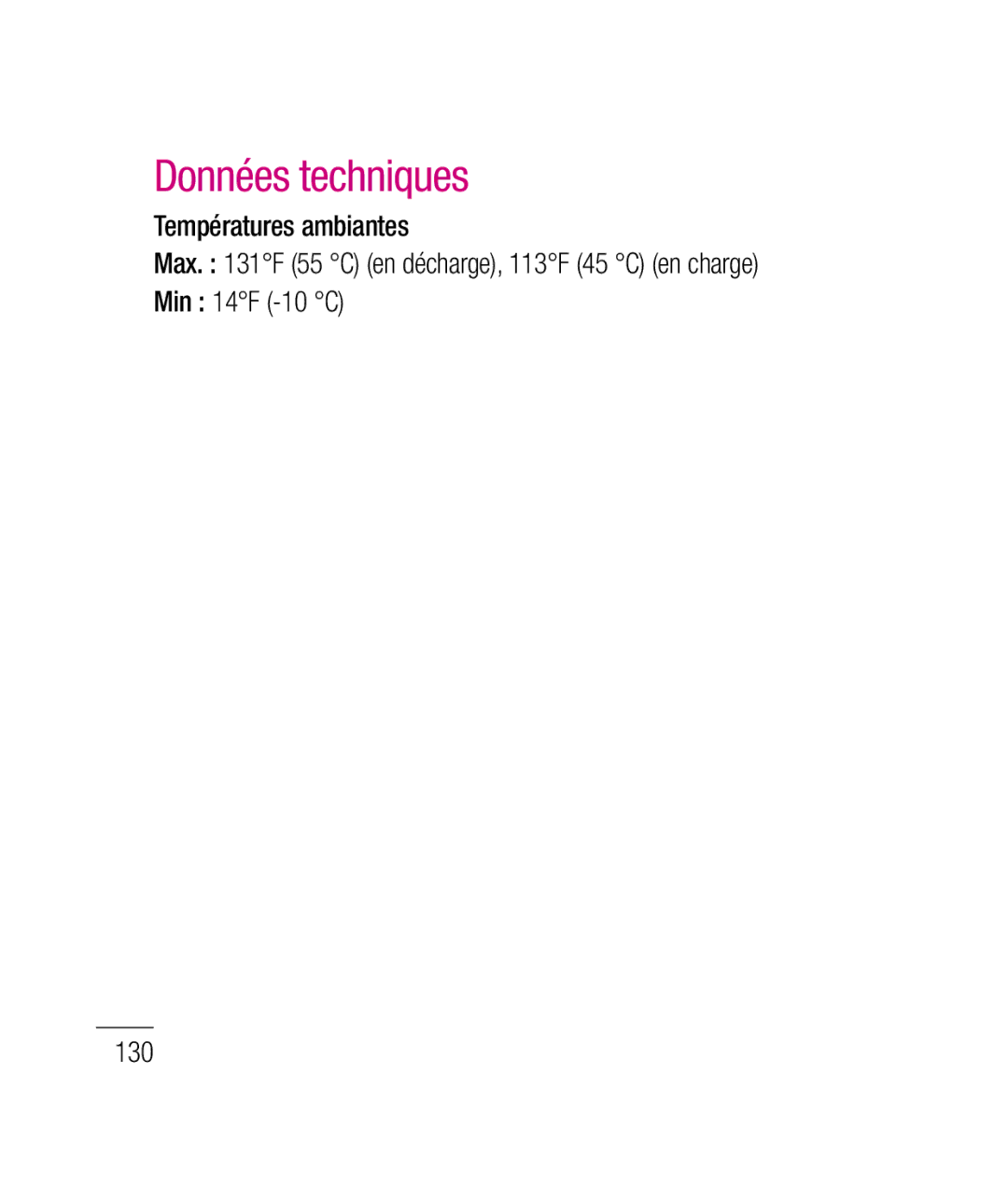 LG Electronics P690B manual Données techniques, Températures ambiantes, Min 14F -10 C 130 